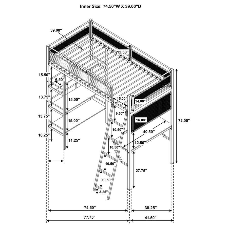 Campus 3-shelf Metal Twin Workstation Loft Bed Matte Black