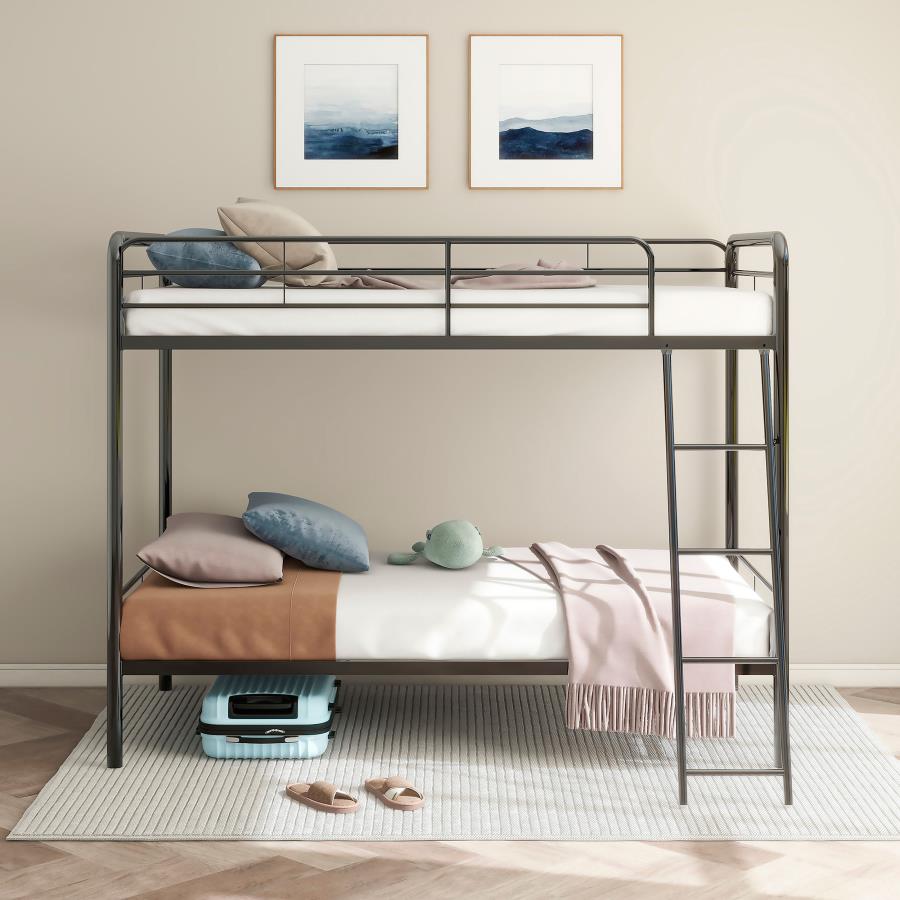 Carson Twin-Over-Twin Steel Bunk Bed with Angled Ladder Glossy Black