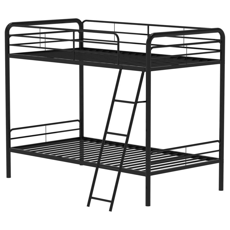 Carson Twin-Over-Twin Steel Bunk Bed with Angled Ladder Glossy Black