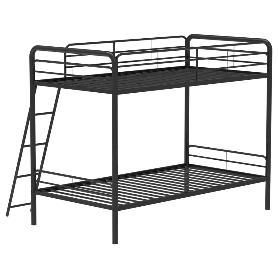 Carson Twin-Over-Twin Steel Bunk Bed with Angled Ladder Glossy Black