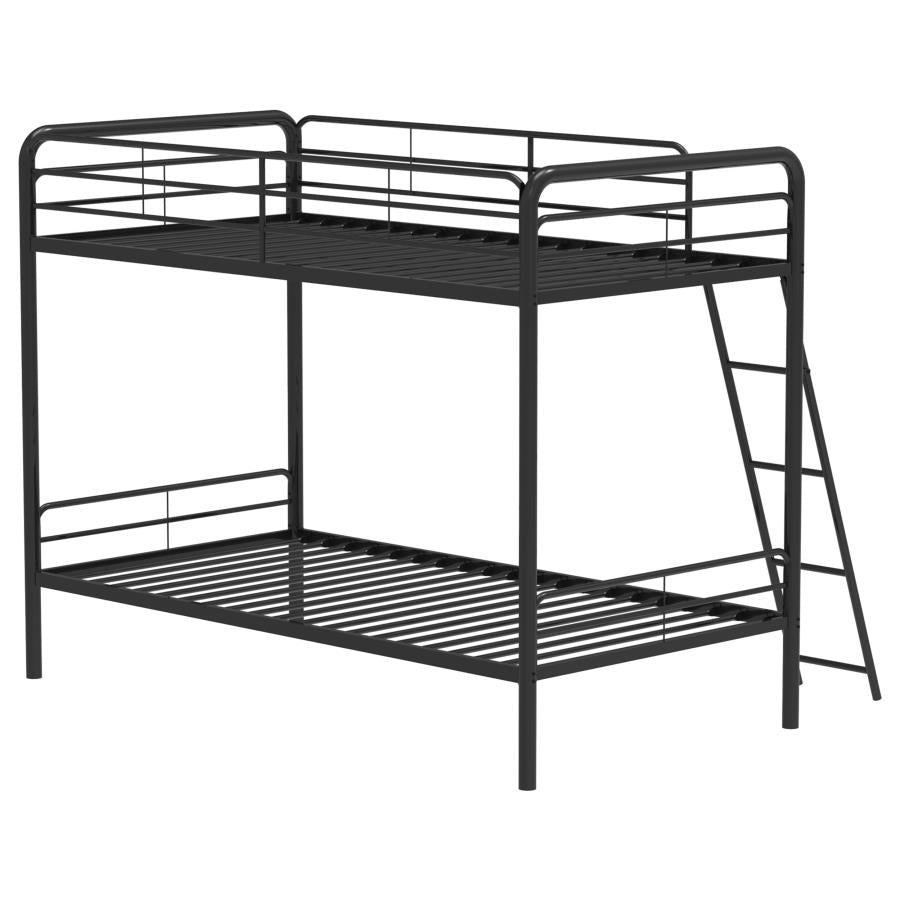 Carson Twin-Over-Twin Steel Bunk Bed with Angled Ladder Glossy Black