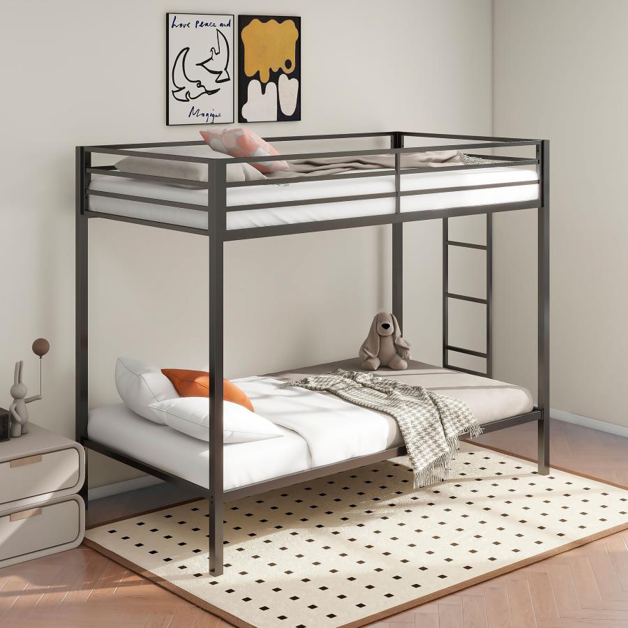 Alevera Twin-Over-Twin Steel Bunk Bed with Ladder Matte Black