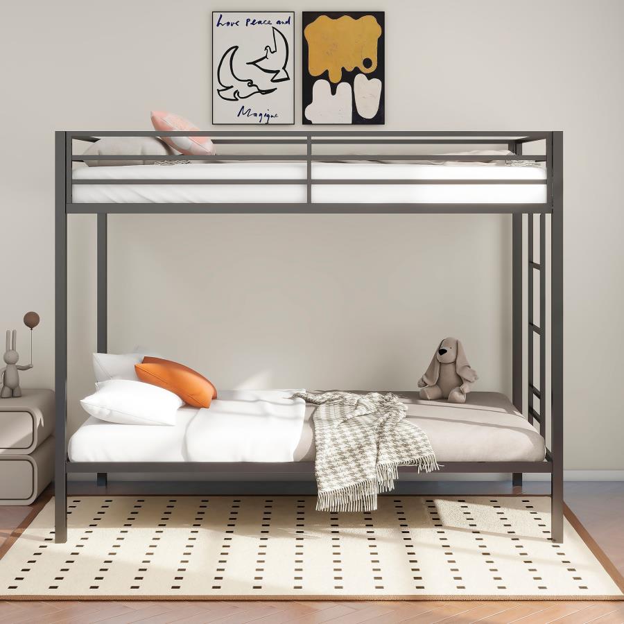 Alevera Twin-Over-Twin Steel Bunk Bed with Ladder Matte Black
