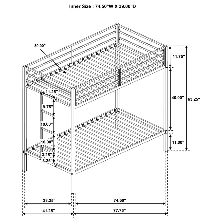 Alevera Twin-Over-Twin Steel Bunk Bed with Ladder Matte Black