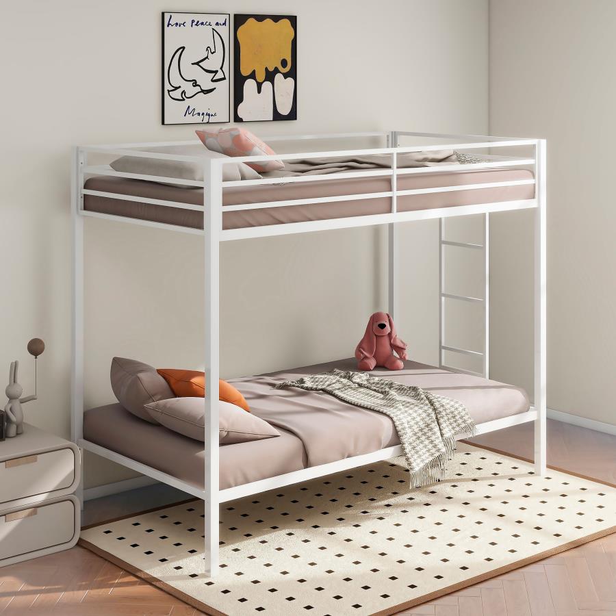 Alevera Twin-Over-Twin Steel Bunk Bed with Ladder Matte White