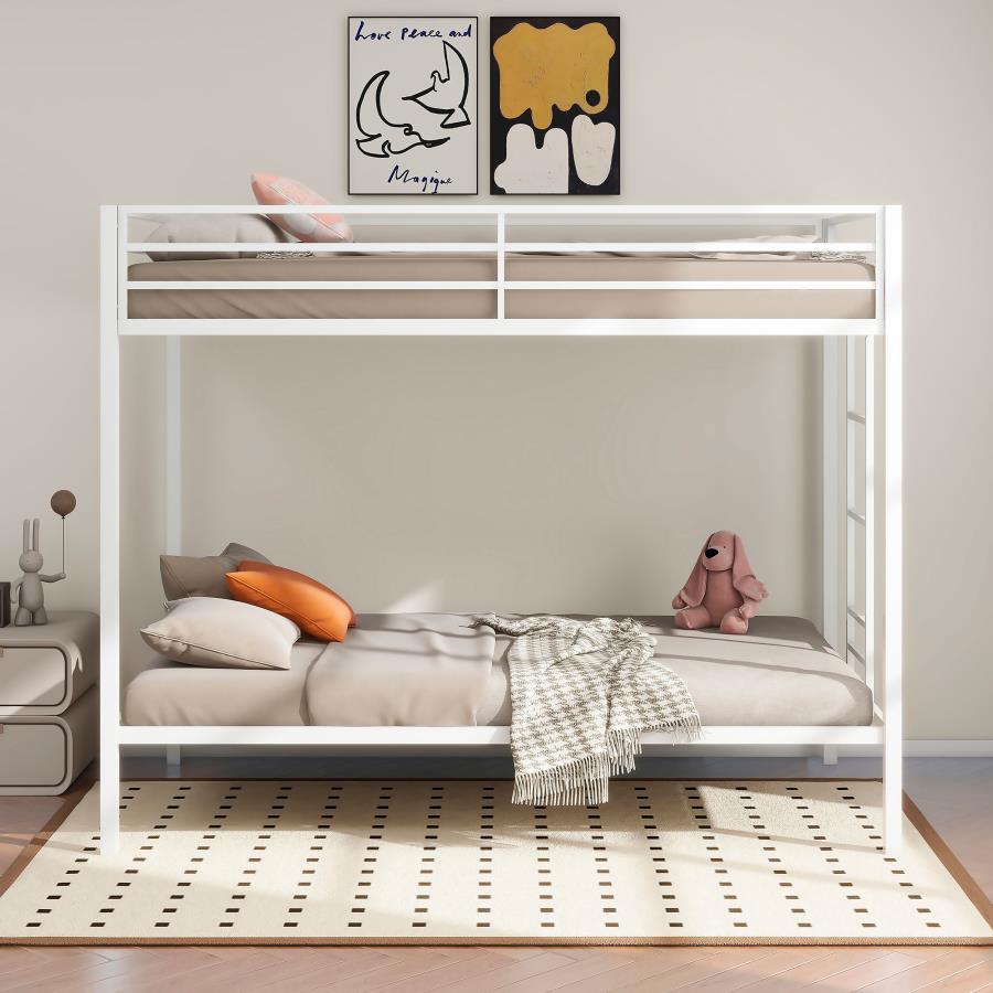 Alevera Twin-Over-Twin Steel Bunk Bed with Ladder Matte White