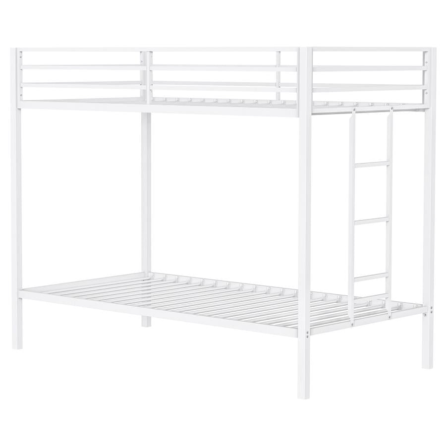 Alevera Twin-Over-Twin Steel Bunk Bed with Ladder Matte White