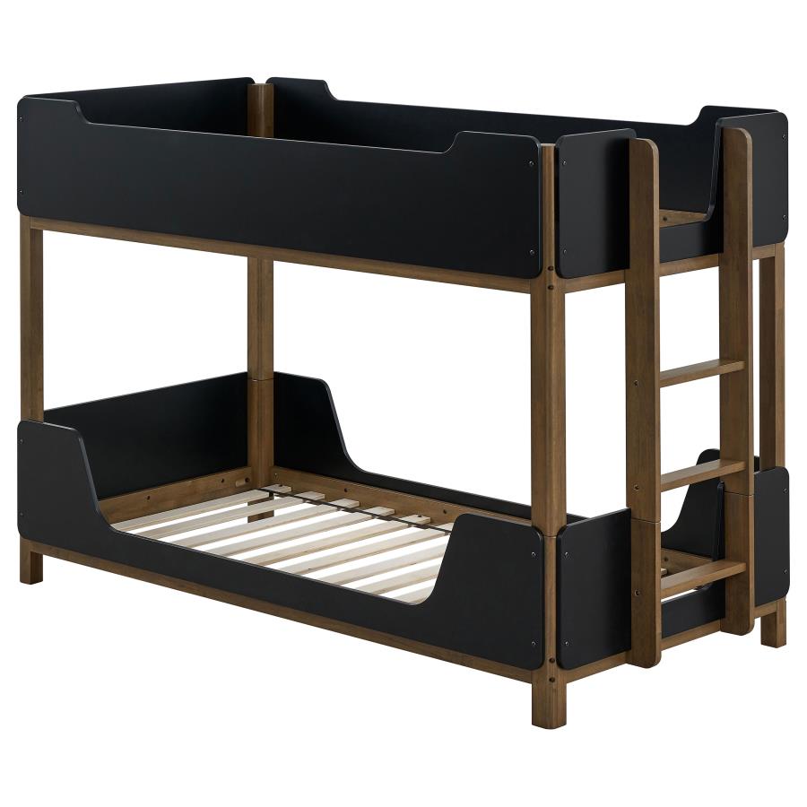 Morris Twin Over Twin Wood Bunk Bed with Ladder Walnut and Black