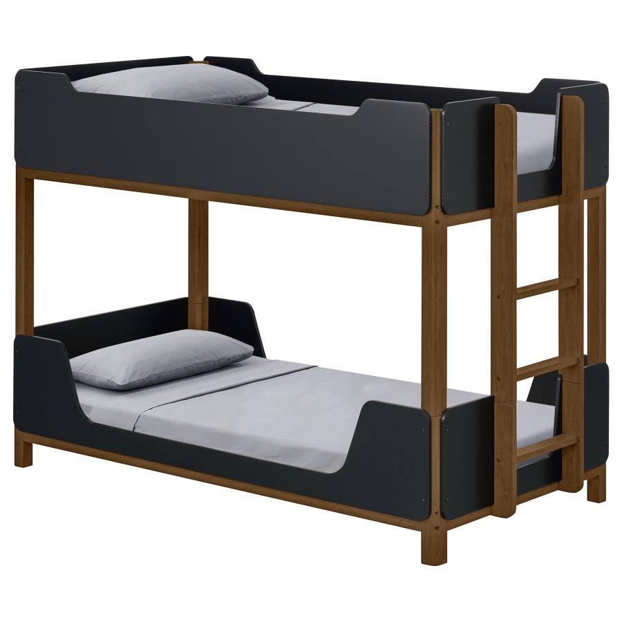 Morris Twin Over Twin Wood Bunk Bed with Ladder Walnut and Black