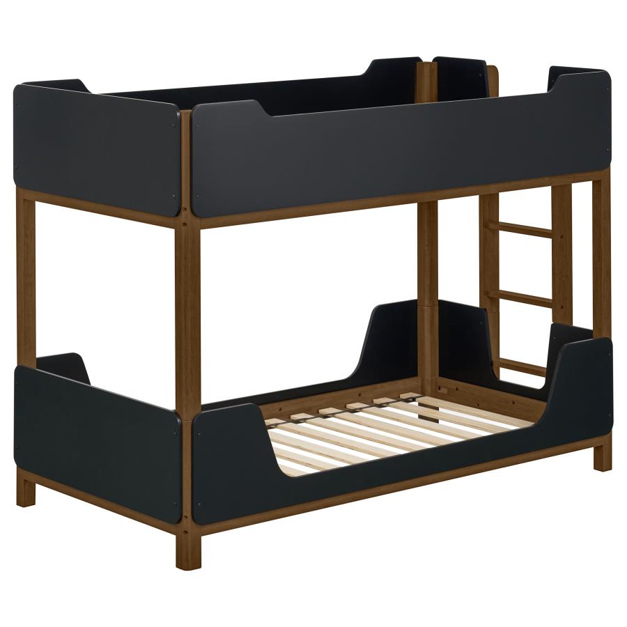 Morris Twin Over Twin Wood Bunk Bed with Ladder Walnut and Black