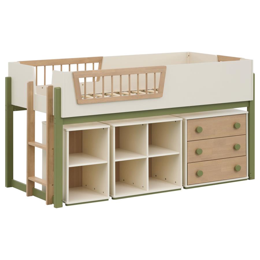 Evren Twin Storage Loft Bed 4-piece Set with Chest and Bookcases Tri-Tone