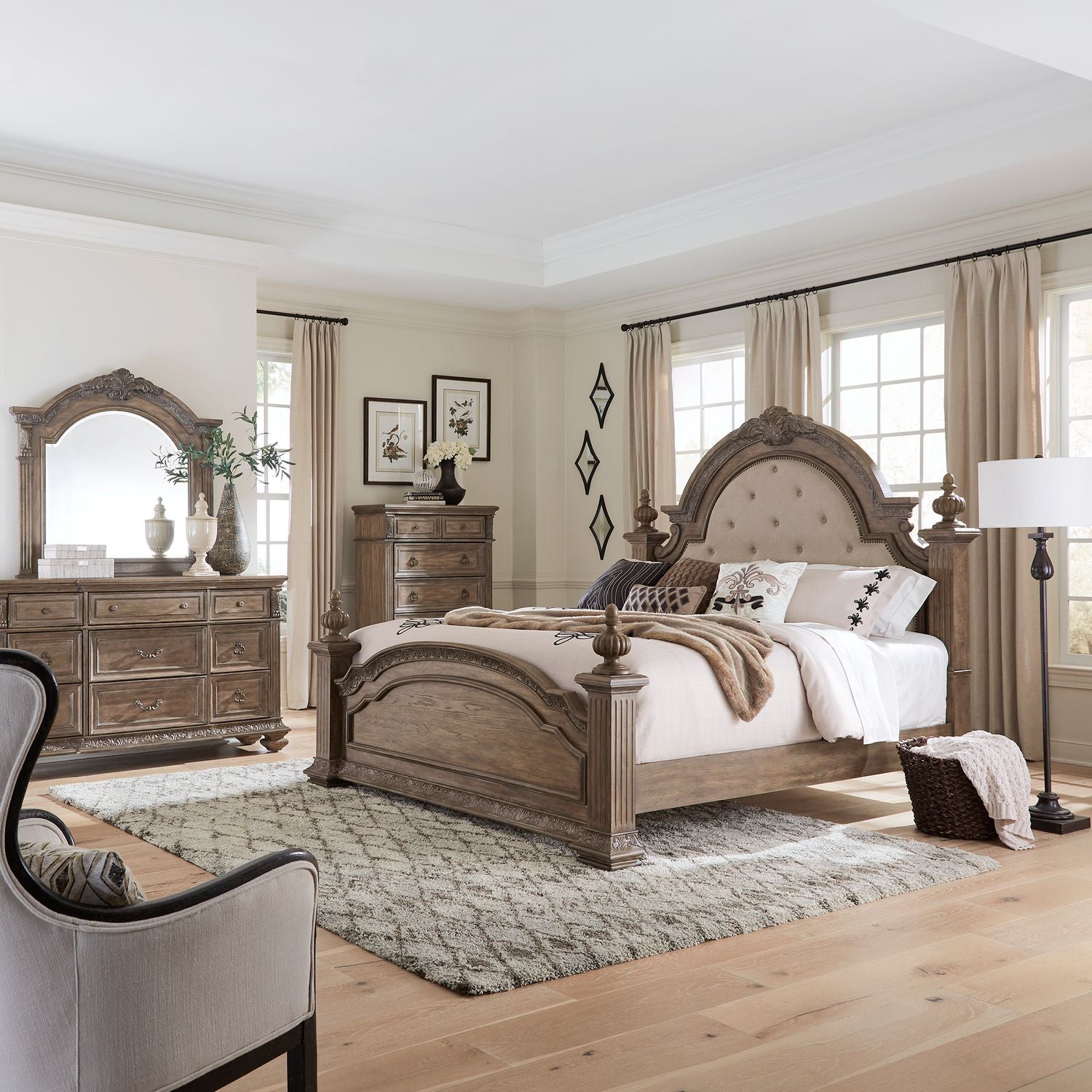Carlisle Court King California Poster Bed, Dresser & Mirror, Chest