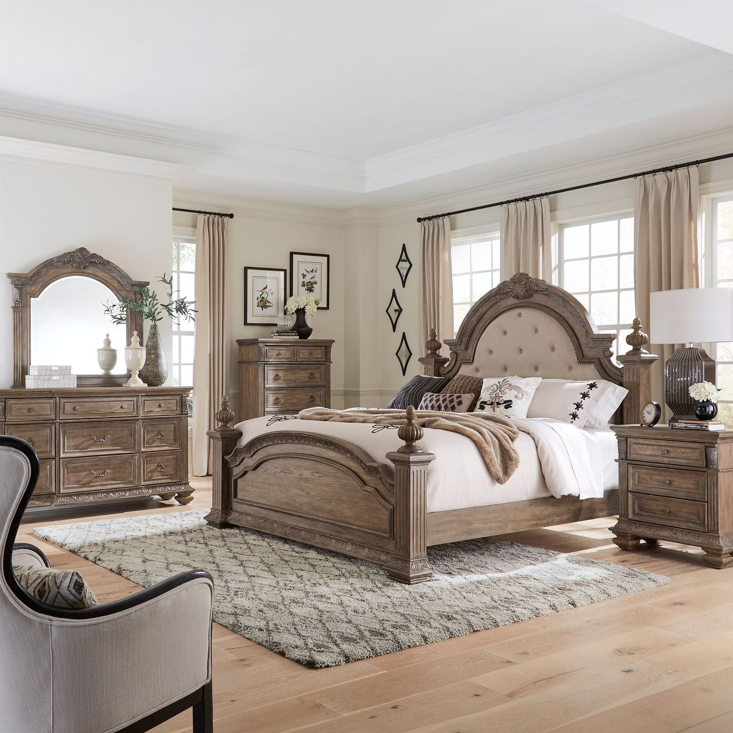 Carlisle Court King Poster Bed, Dresser & Mirror, Chest, Nightstand