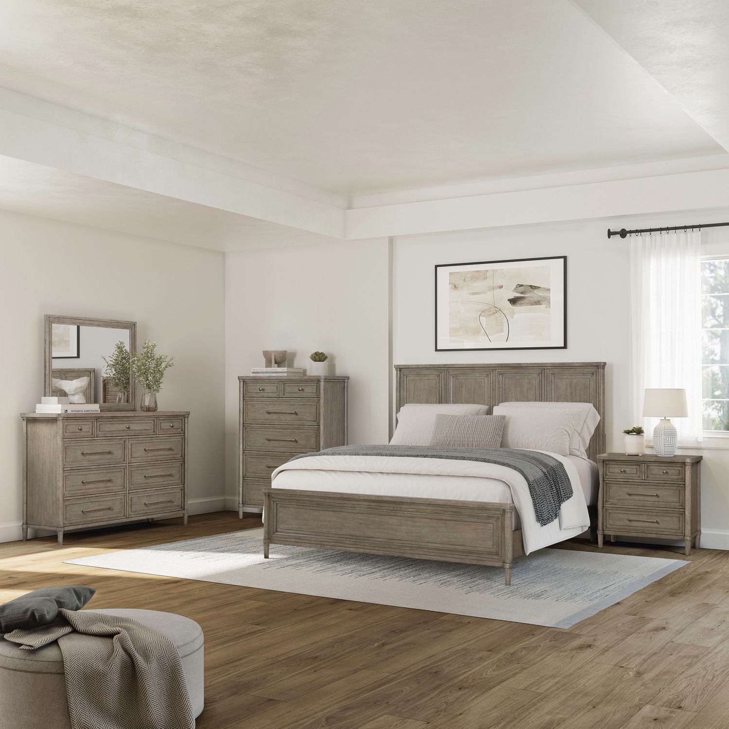 Rochelle Park Queen Panel Bed, Dresser & Mirror, Chest, Nightstand