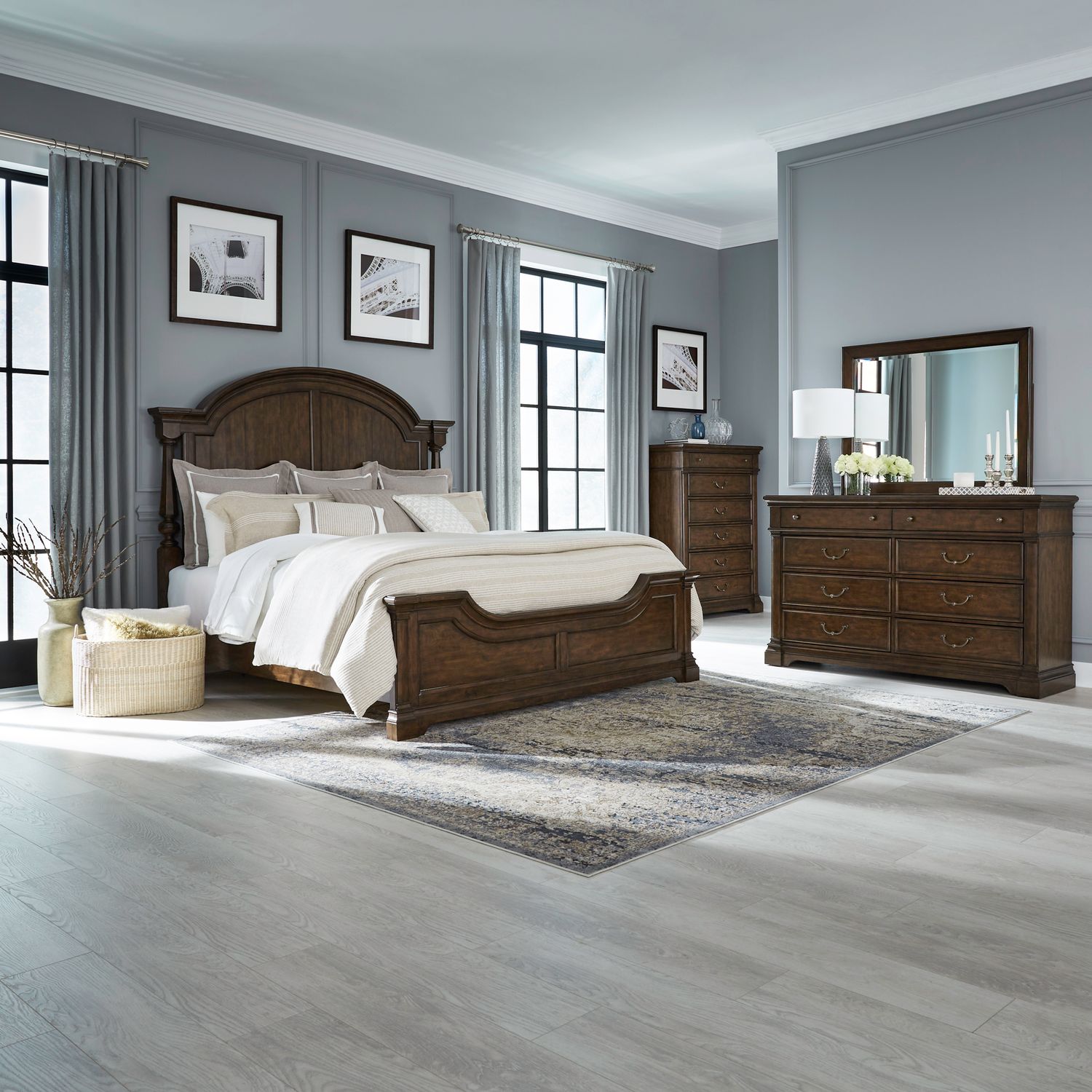 Arden Road King Poster Bed, Dresser & Mirror, Chest