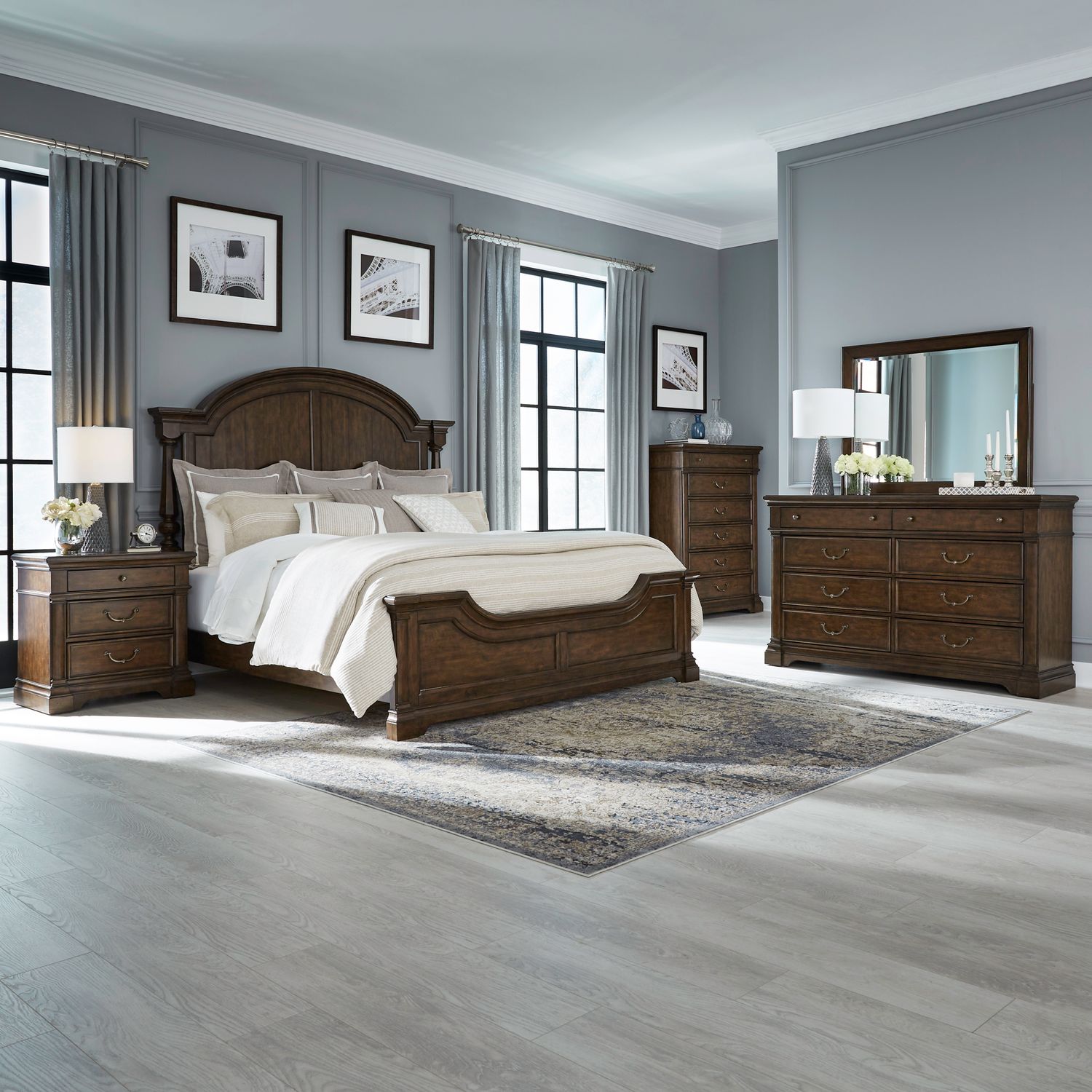 Arden Road King Poster Bed, Dresser & Mirror, Chest, Nightstand