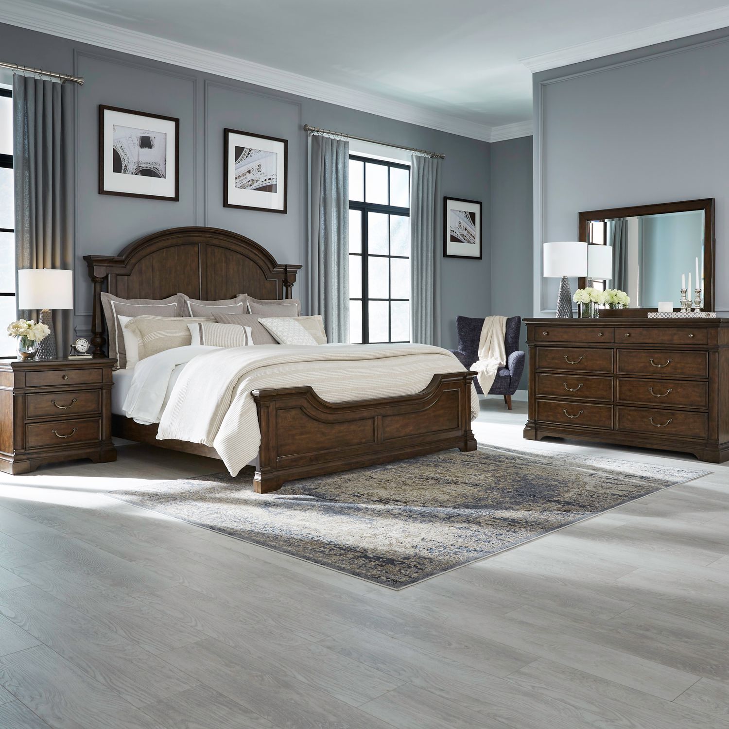 Arden Road King Poster Bed, Dresser & Mirror, Nightstand