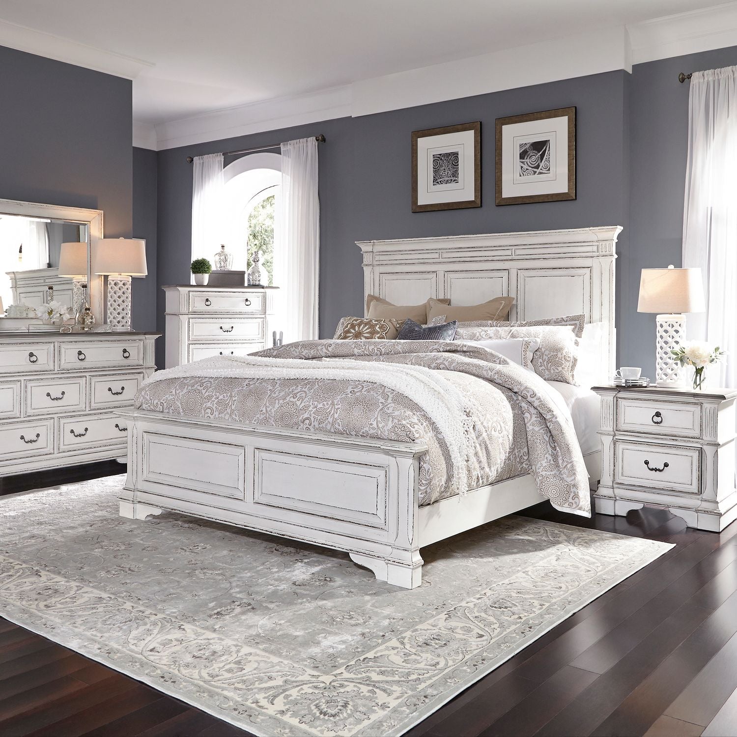Abbey Park King California Panel Bed, Dresser & Mirror, Chest, Nightstand