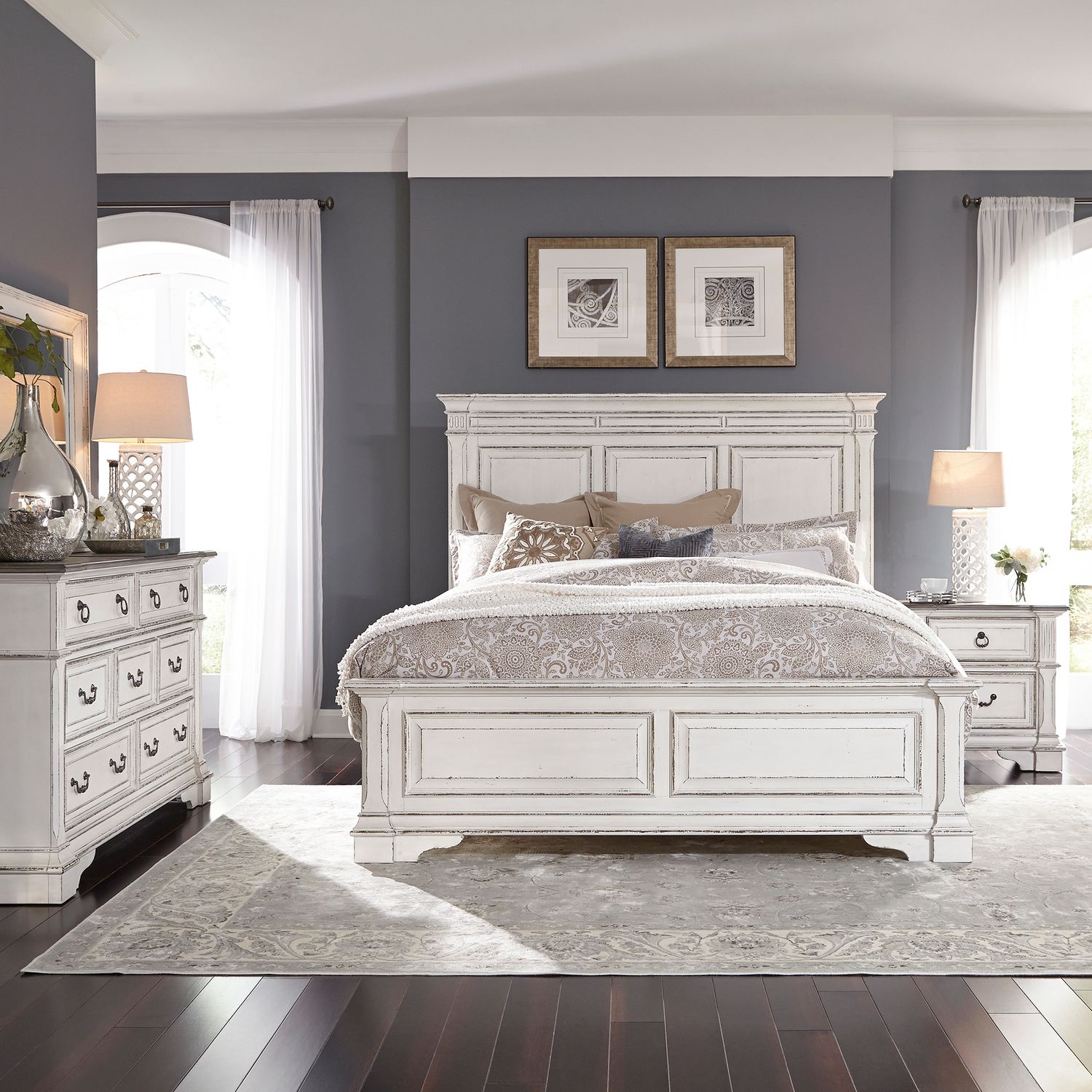 Abbey Park King California Panel Bed, Dresser & Mirror, Nightstand