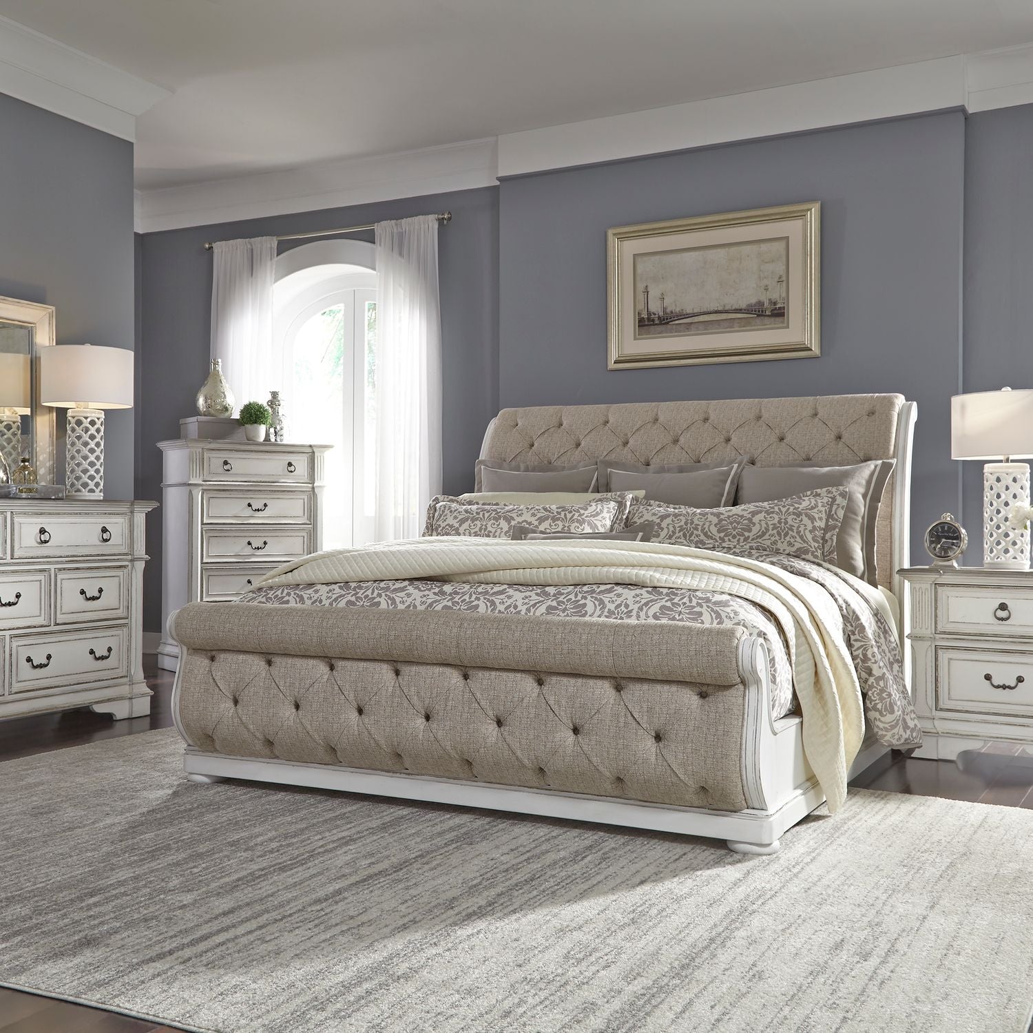 Abbey Park King California Sleigh Bed, Dresser & Mirror, Chest, Nightstand