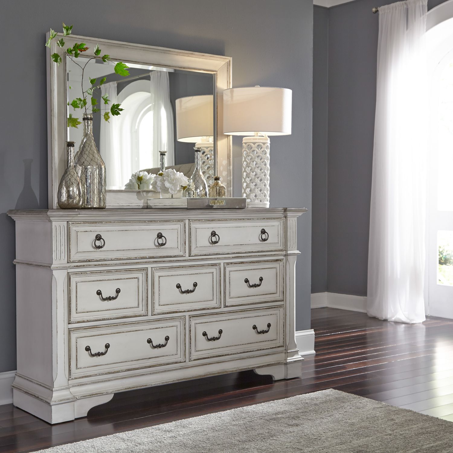 Abbey Park King California Sleigh Bed, Dresser & Mirror, Nightstand