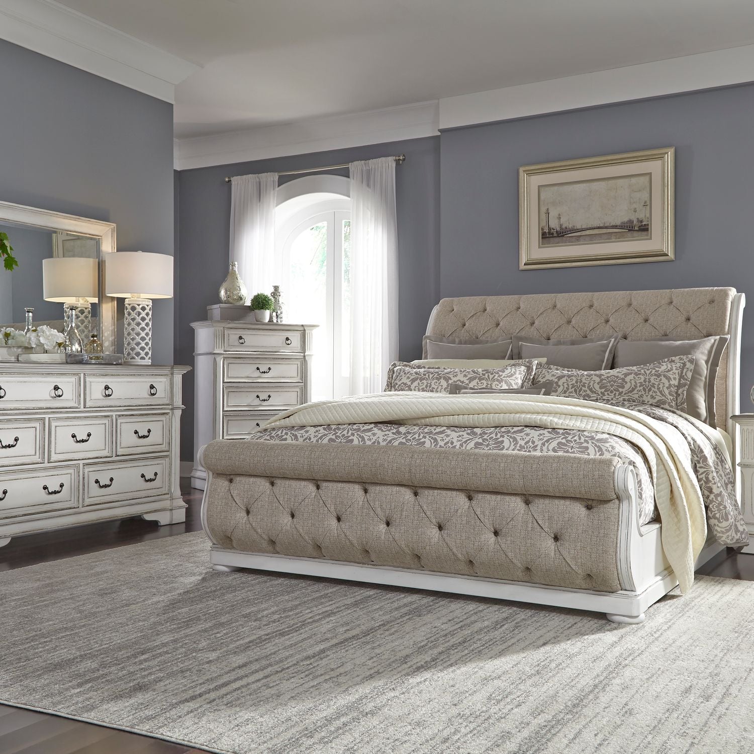 Abbey Park King Upholstery Sleigh Bed, Dresser & Mirror, Chest