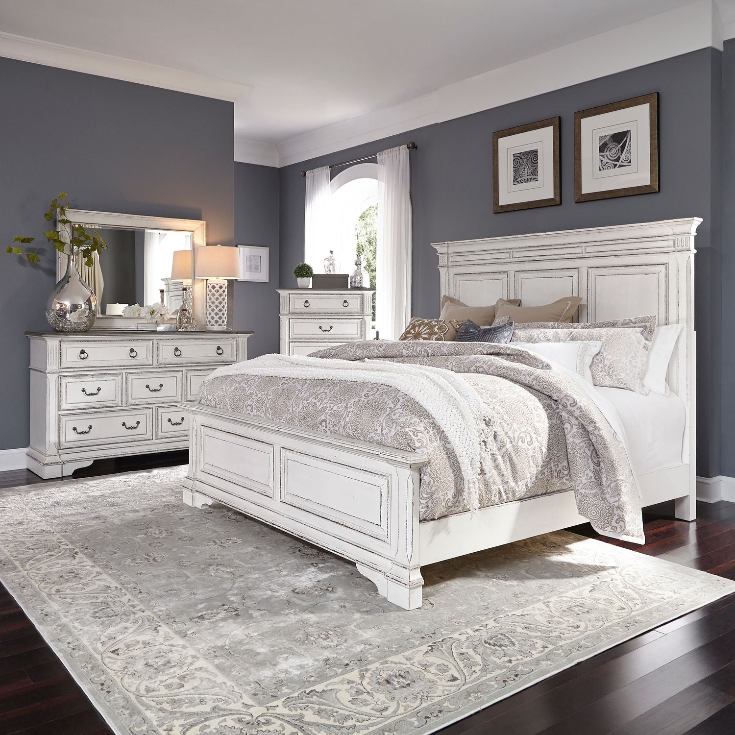 Abbey Park Queen Panel Bed, Dresser & Mirror, Chest
