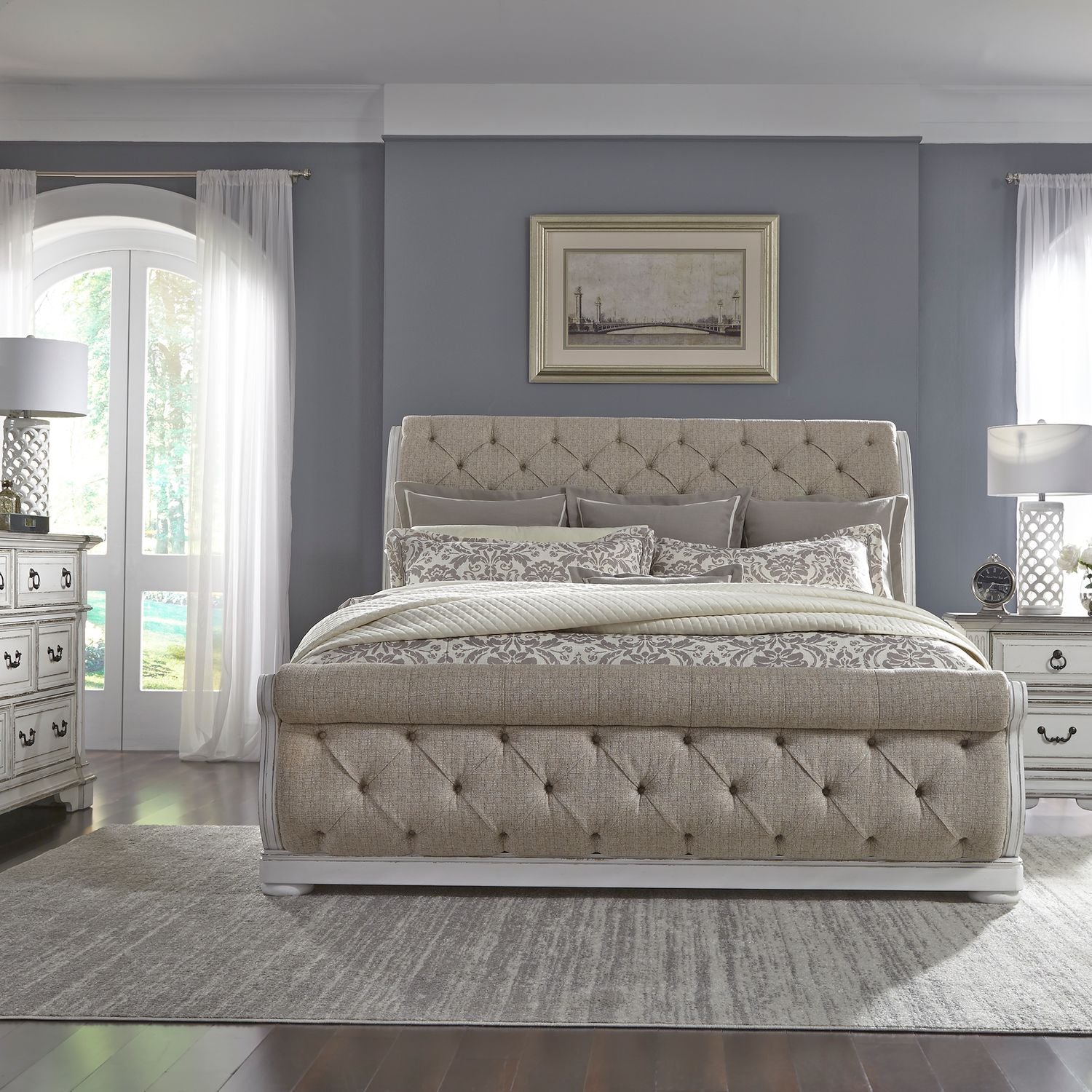 Abbey Park Queen Upholstery Sleigh Bed, Dresser & Mirror, Nightstand