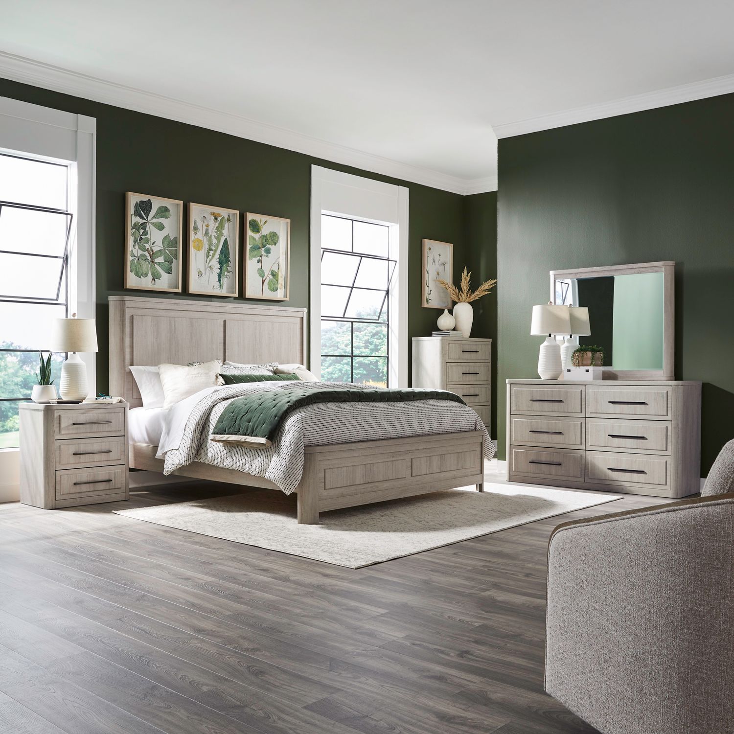 Modern Play King Panel Bed, Dresser & Mirror, Chest, Nightstand