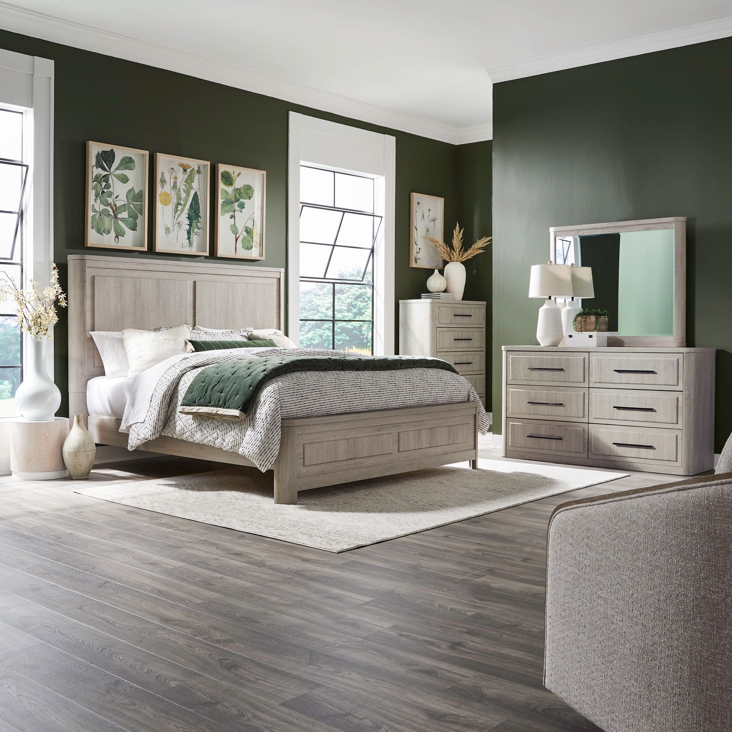 Modern Play Queen Panel Bed, Dresser & Mirror, Chest