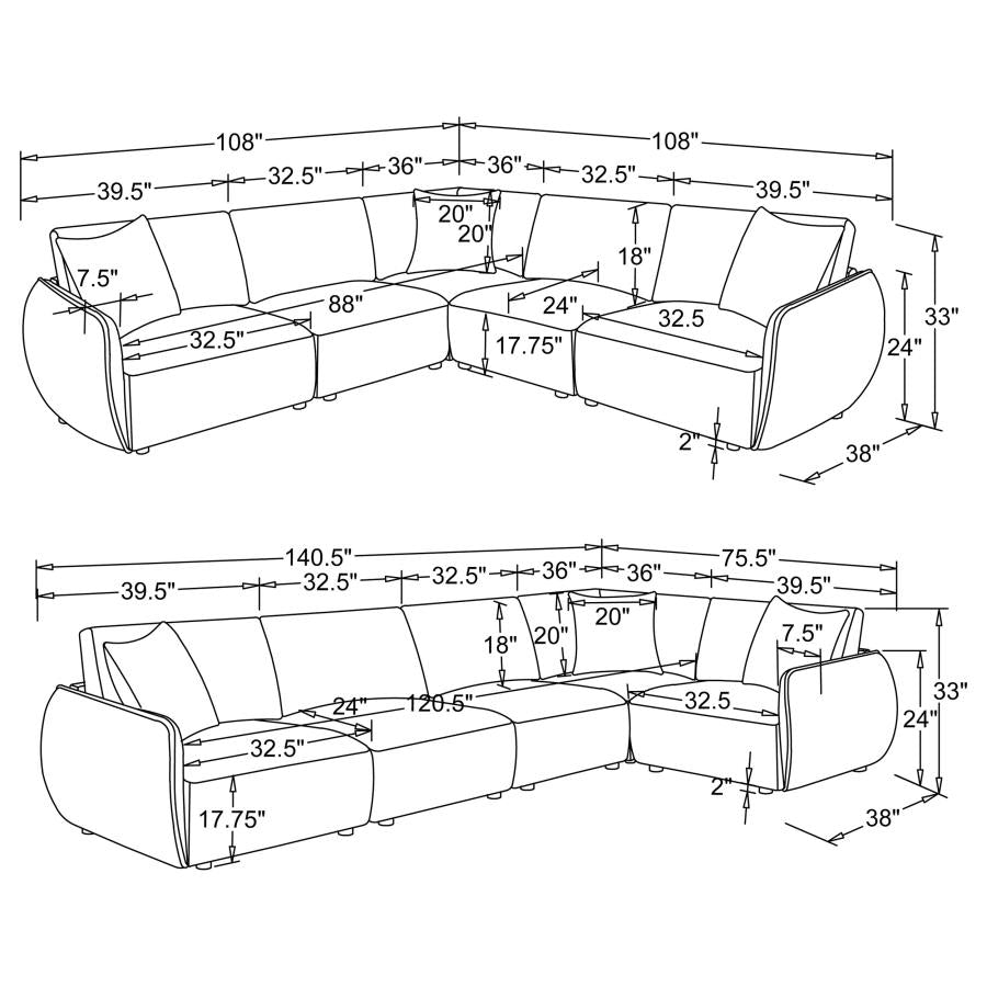 Elysia 5-piece Fabric Upholstered Modular Sectional Sofa Coral