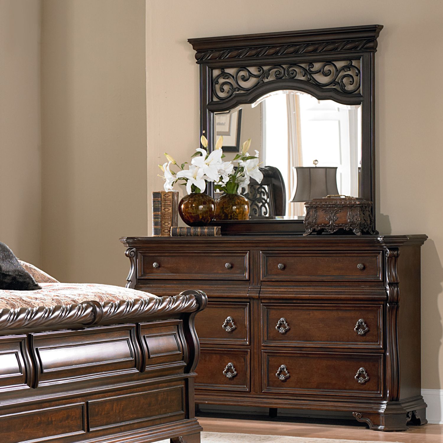 Arbor Place King California Sleigh Bed, Dresser & Mirror, Nightstand