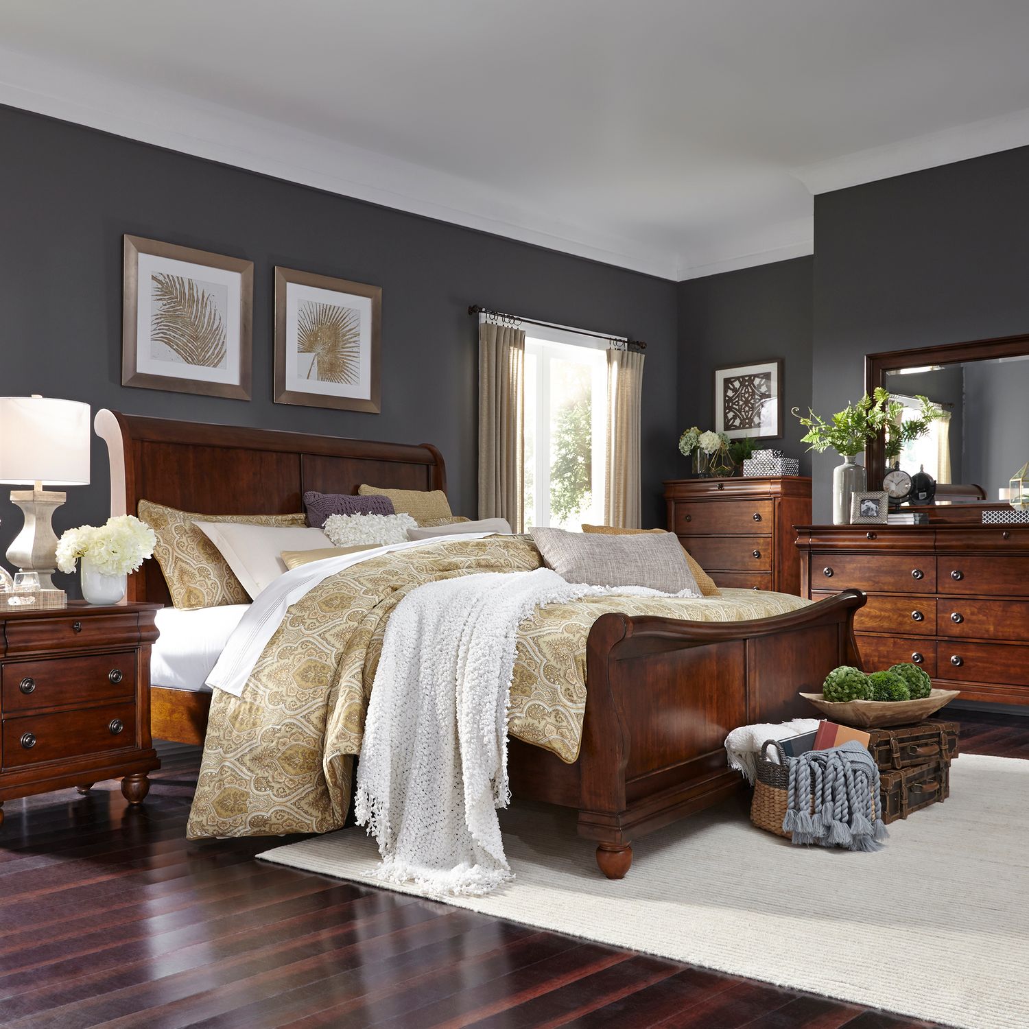 Rustic Traditions King California Sleigh Bed, Dresser & Mirror, Chest, Nightstand