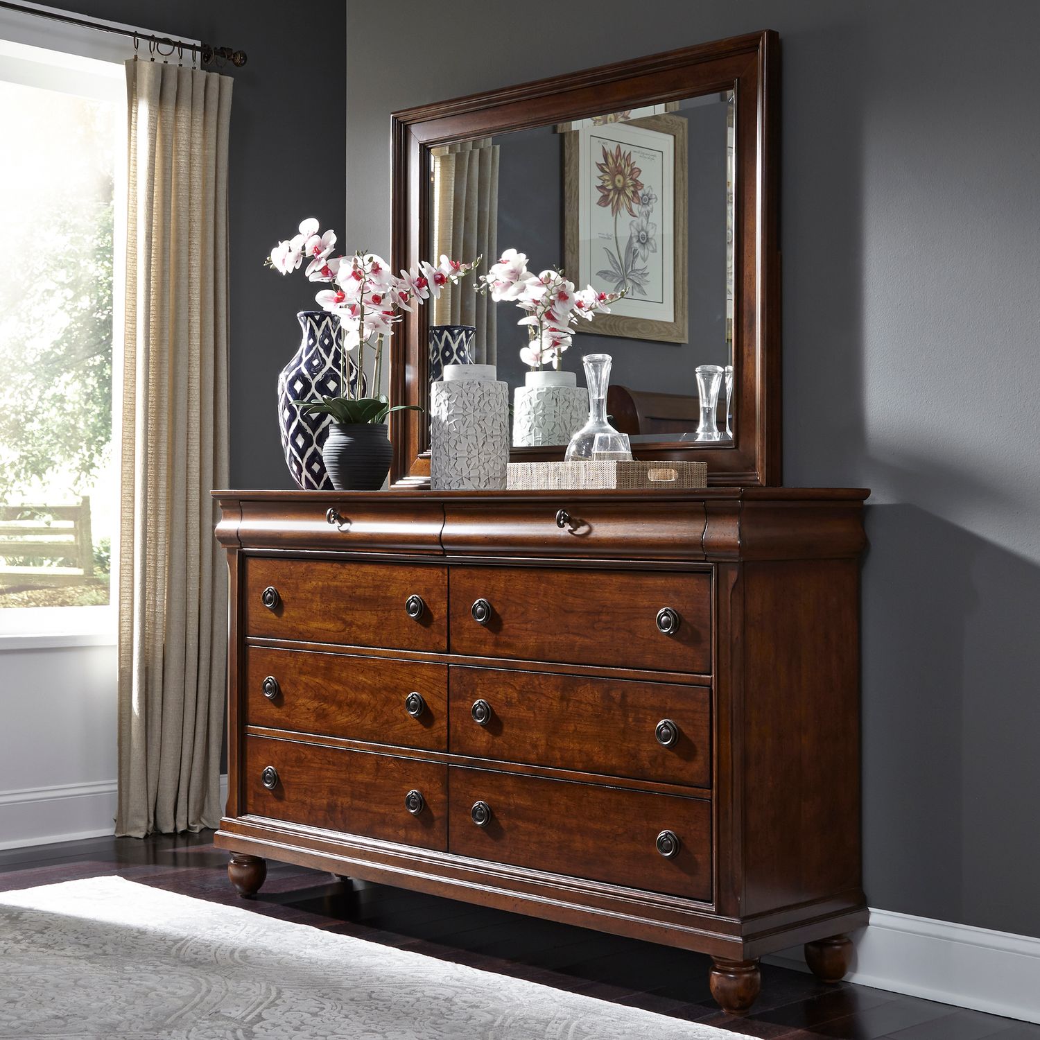 Rustic Traditions King California Sleigh Bed, Dresser & Mirror, Nightstand