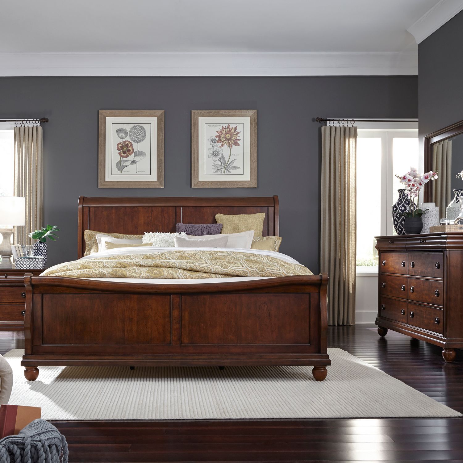 Rustic Traditions King California Sleigh Bed, Dresser & Mirror, Nightstand