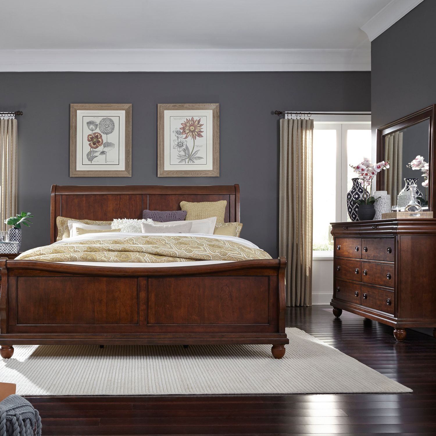 Rustic Traditions King Sleigh Bed, Dresser & Mirror
