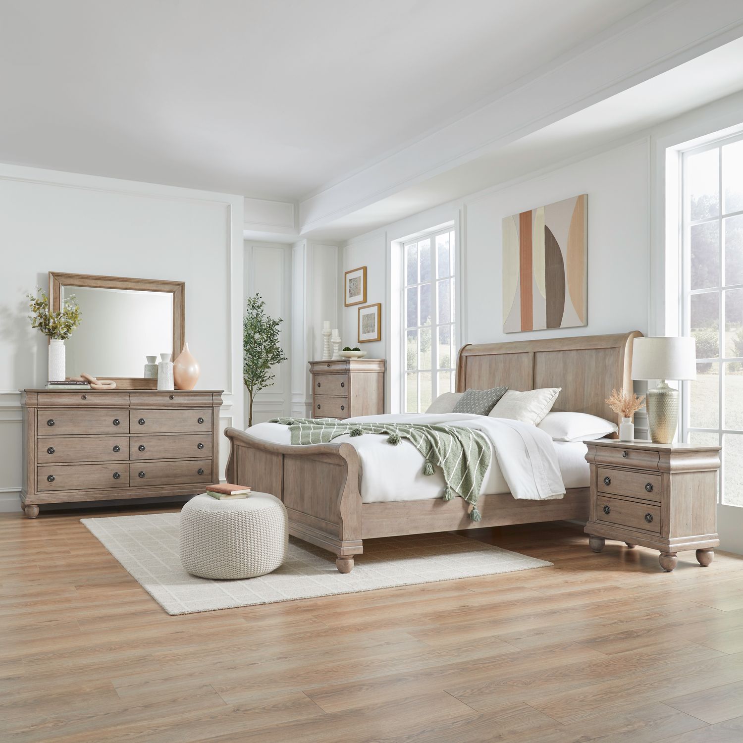 Rustic Traditions King California Sleigh Bed, Dresser & Mirror, Chest, Nightstand