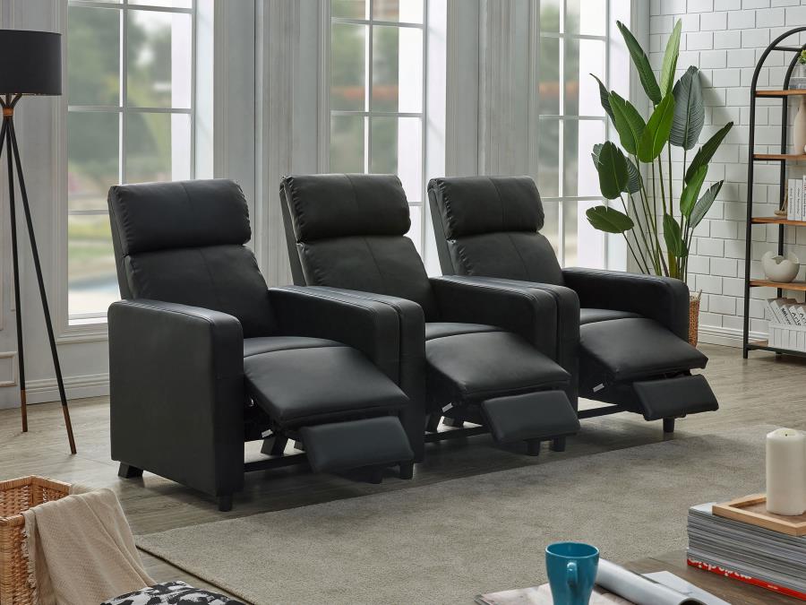 Toohey 3-piece Upholstered Home Theater Seating with 3 Recliners Black