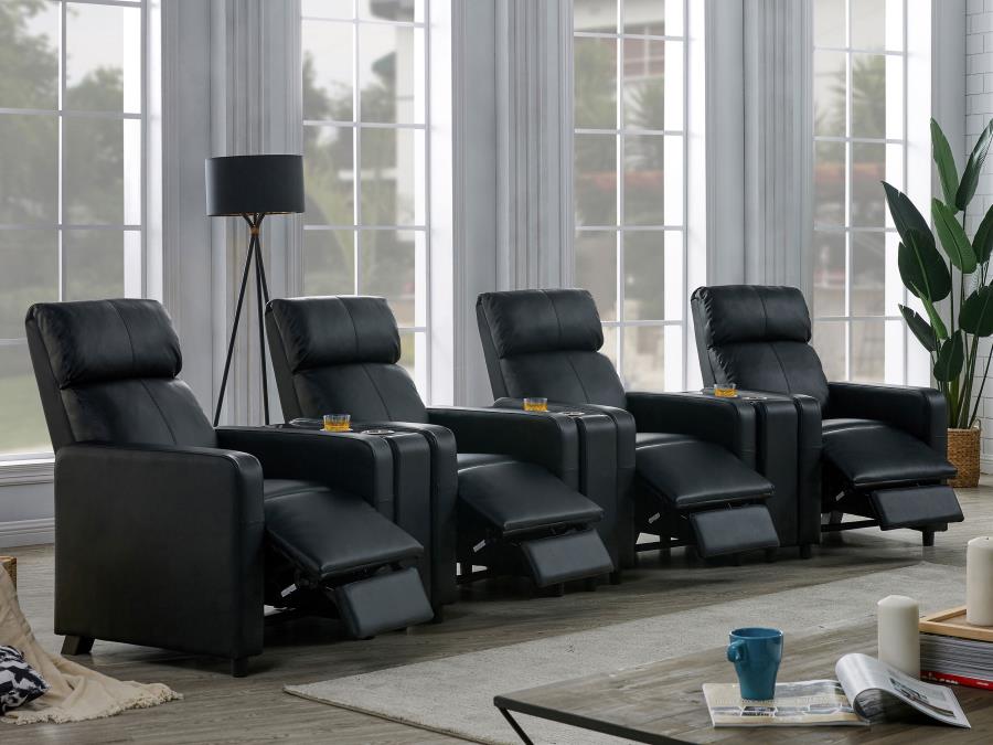 Toohey 7-piece Upholstered Home Theater Seating with 4 Recliners Black