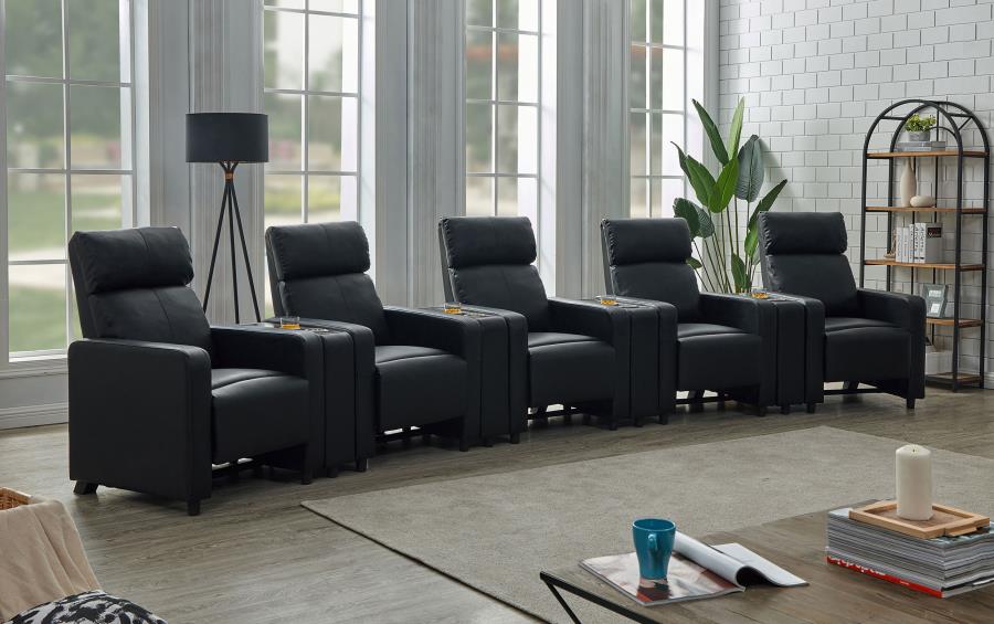 Toohey 9-piece Upholstered Home Theater Seating with 5 Recliners Black