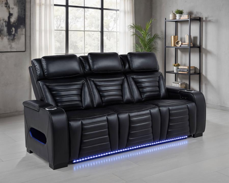 Zuma Dual Power Reclining Sofa with Reading Lights and Storage Black