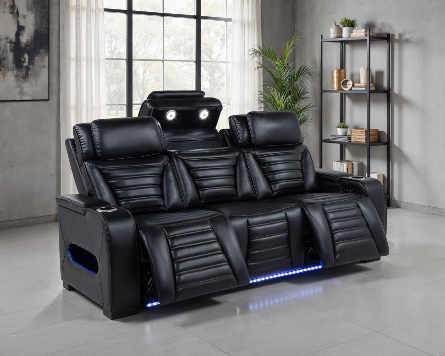 Zuma Dual Power Reclining Sofa with Reading Lights and Storage Black