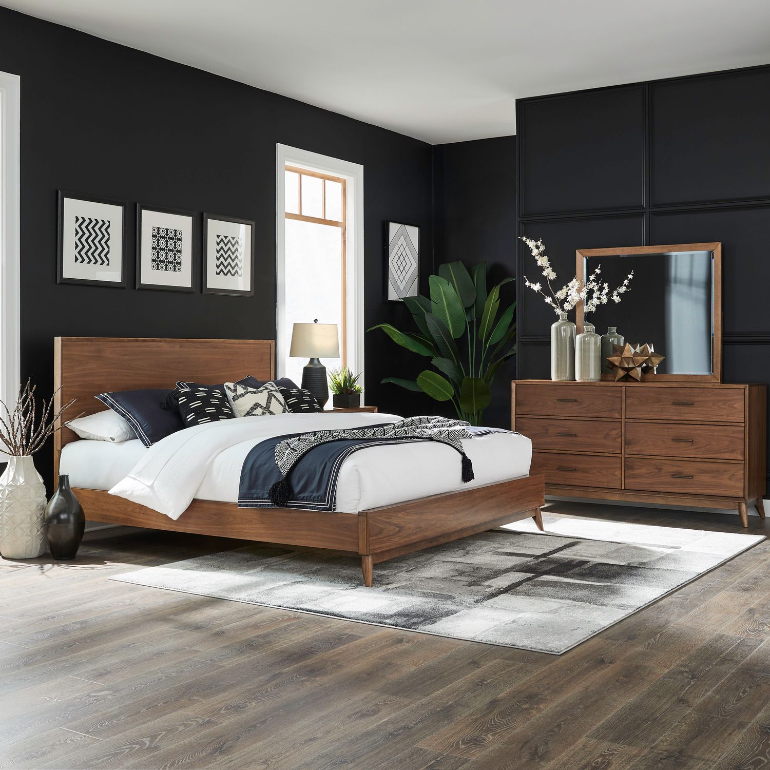 Century Modern King California Platform Bed, Dresser & Mirror