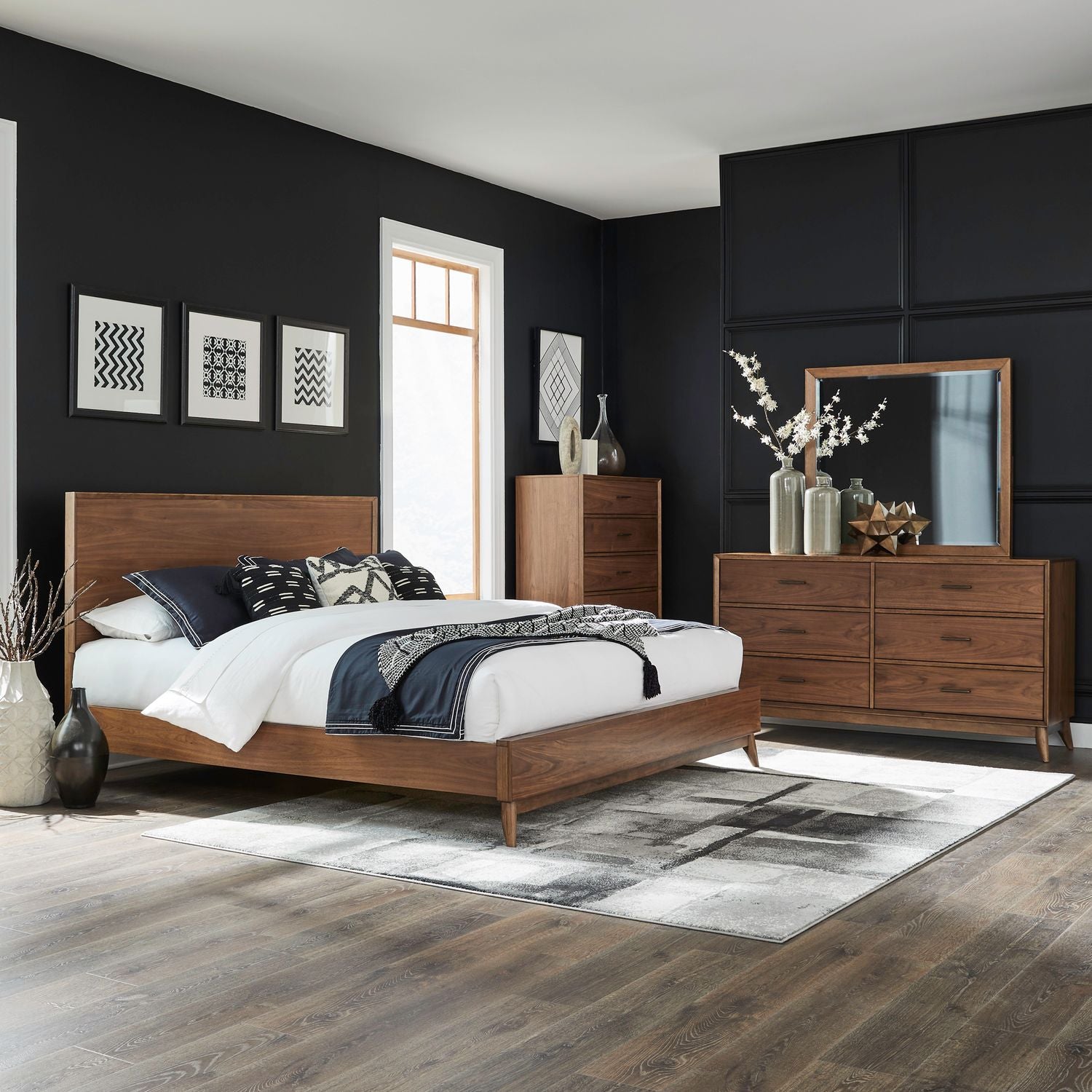 Century Modern King California Platform Bed, Dresser & Mirror, Chest