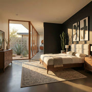 Century Modern King California Upholstery Platform Bed, Dresser & Mirror, Chest, Nightstand