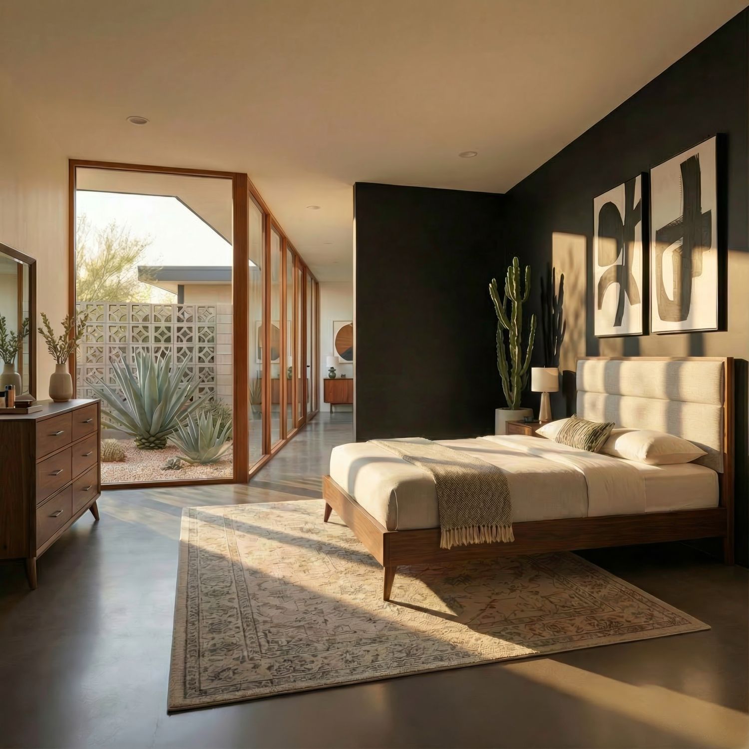 Century Modern King Upholstery Platform Bed, Dresser & Mirror