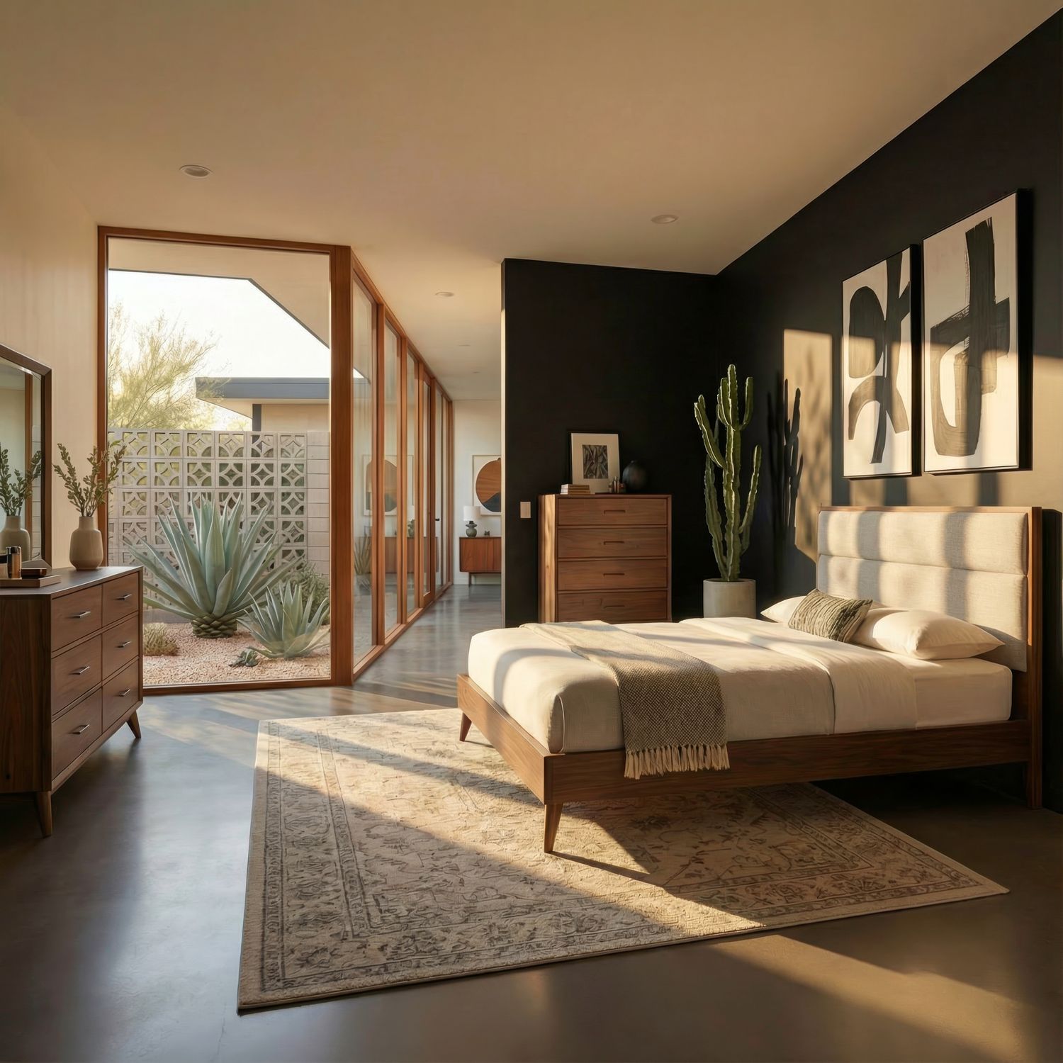 Century Modern King Upholstery Platform Bed, Dresser & Mirror, Chest