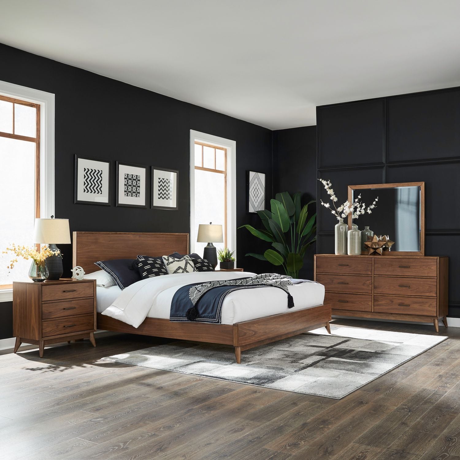 Century Modern Queen Platform Bed, Dresser & Mirror, Nightstand