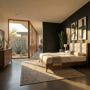 Century Modern Queen Upholstery Platform Bed, Dresser & Mirror