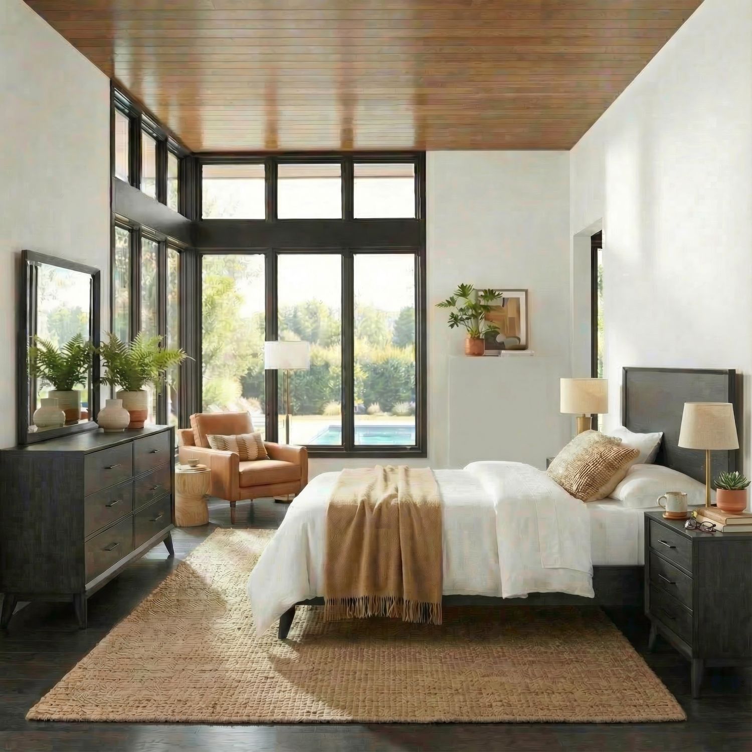 Century Modern King Platform Bed, Dresser & Mirror, Nightstand